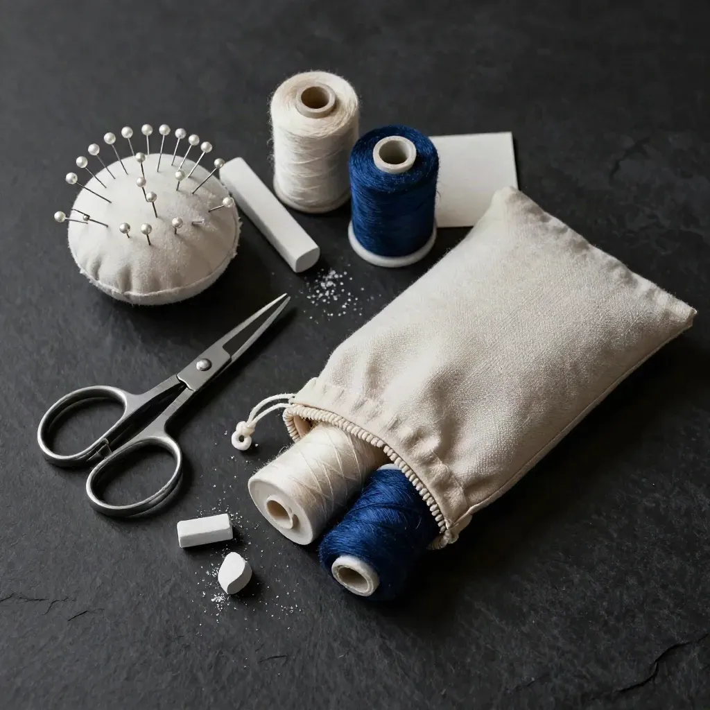 Overhead notion kit with pins, snips, chalk, thread spools and a linen pouch on matte black.