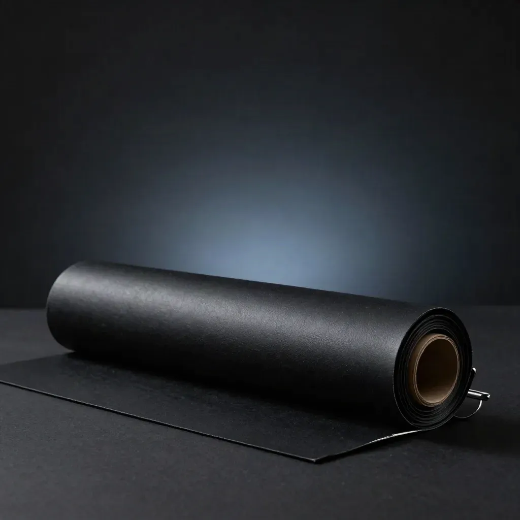 Black blackout lining roll with folded panel and curtain hook on a dark studio surface.