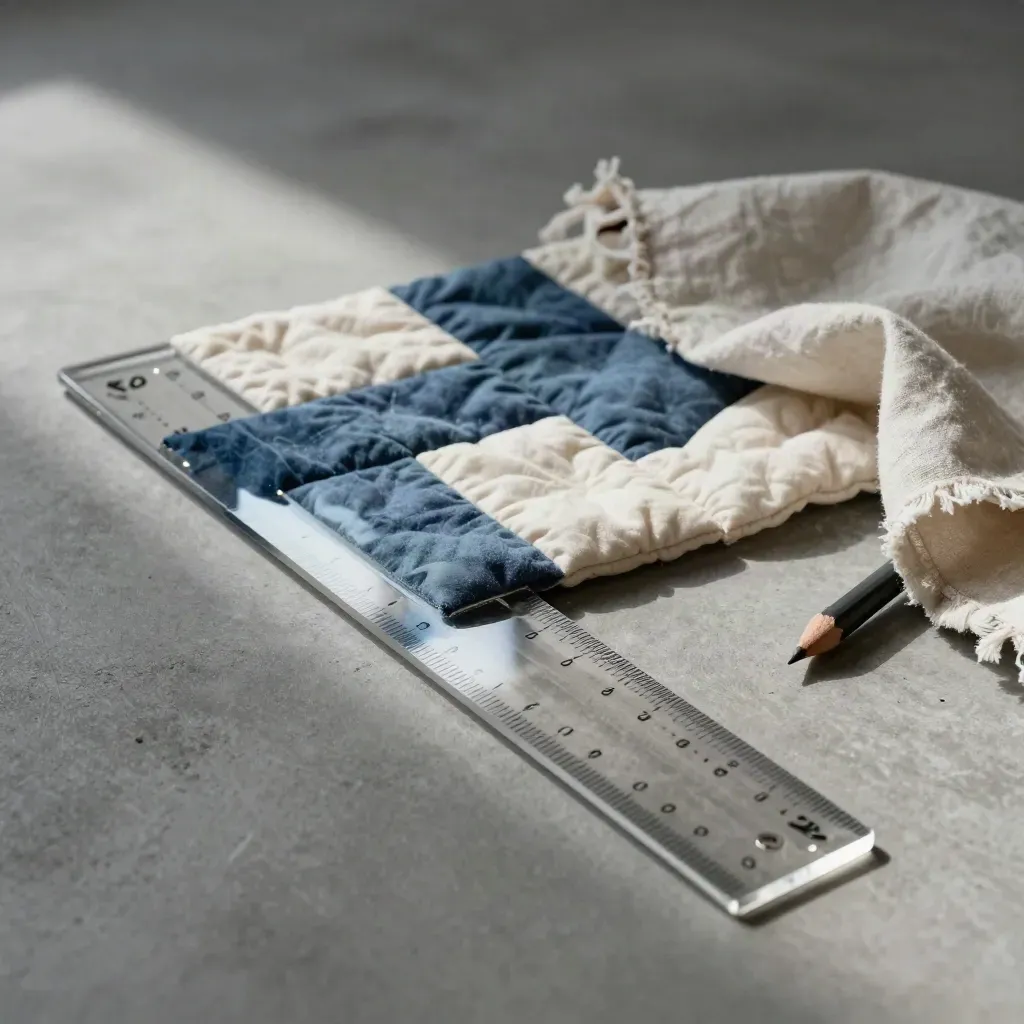 Acrylic patchwork ruler beside an indigo quilt block, marking pencil stub, and linen offcut on concrete.