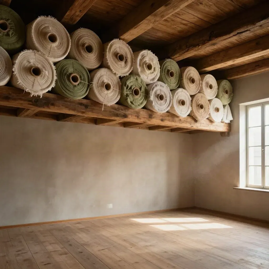 Warm mill loft with quilt cotton bundles high above a quiet bare floor, lit by late sun.
